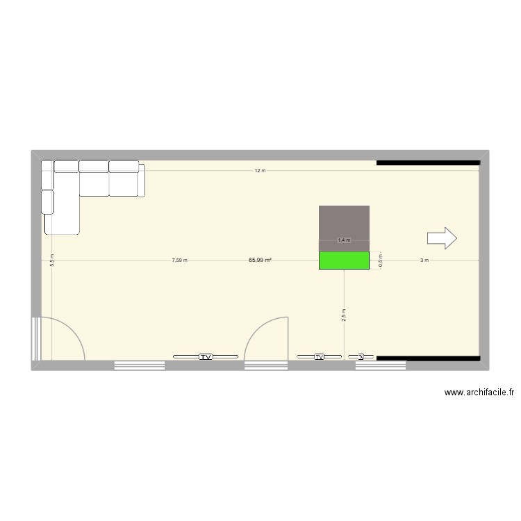 simulateur golf. Plan de 1 pièce et 66 m2