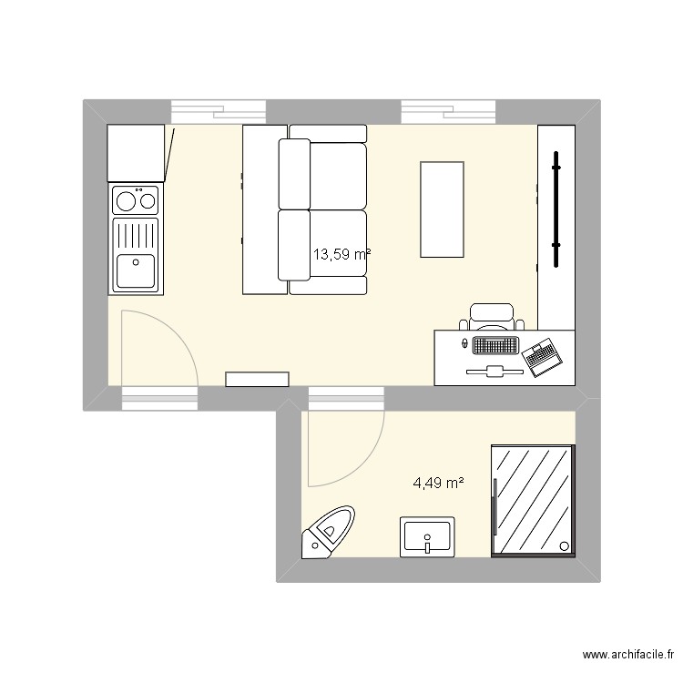 studio. Plan de 2 pièces et 18 m2