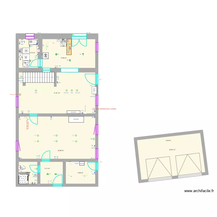 Maison Arquennes &eacute;lectricit&eacute; RDC + Garage. Plan de 8  et 128 m²