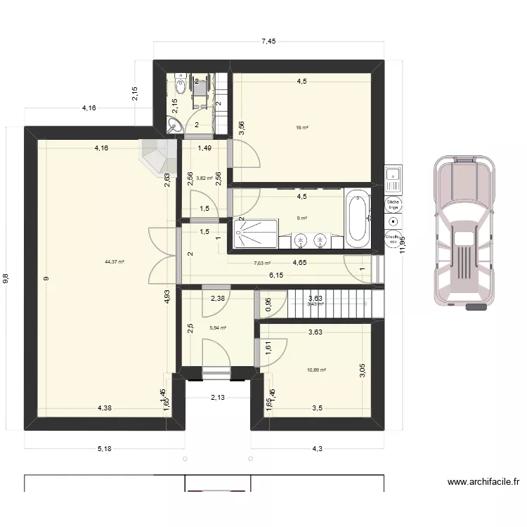 Projet maison 3 pi&egrave;ces Riry. Plan de 8 pièces et 101 m²