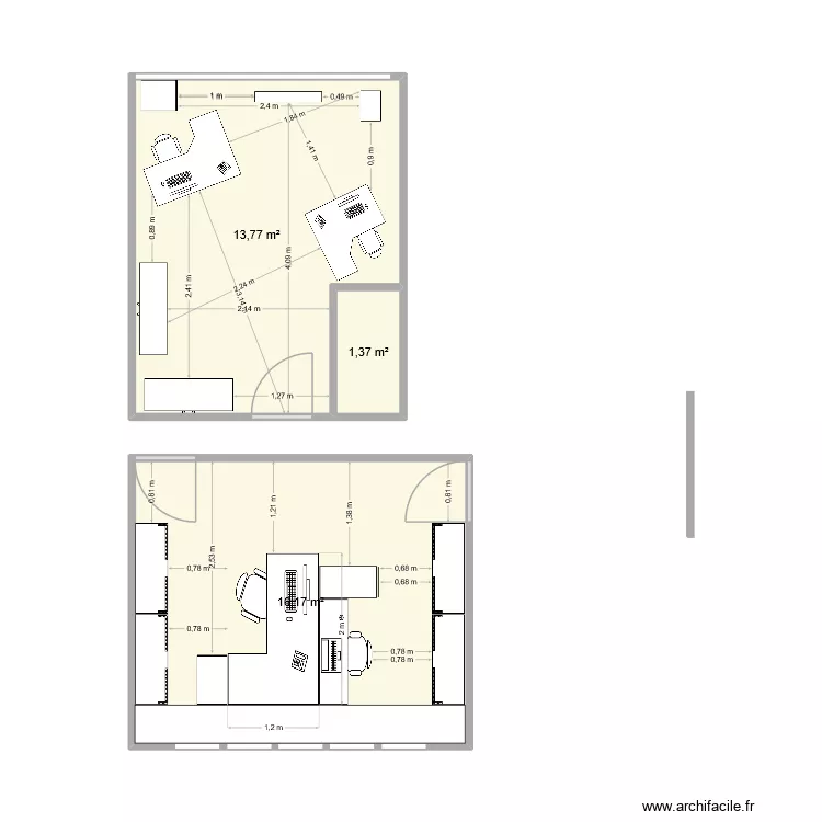 Bureau Brandon et le pilier. Plan de 3  et 31 m²