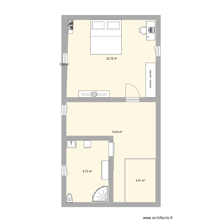 comble. Plan de 5 pièces et 52 m2