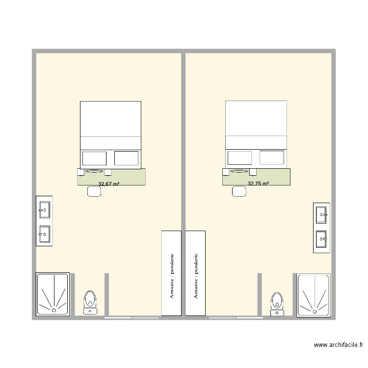 chambre en haut. Plan de 2 pièces et 65 m2