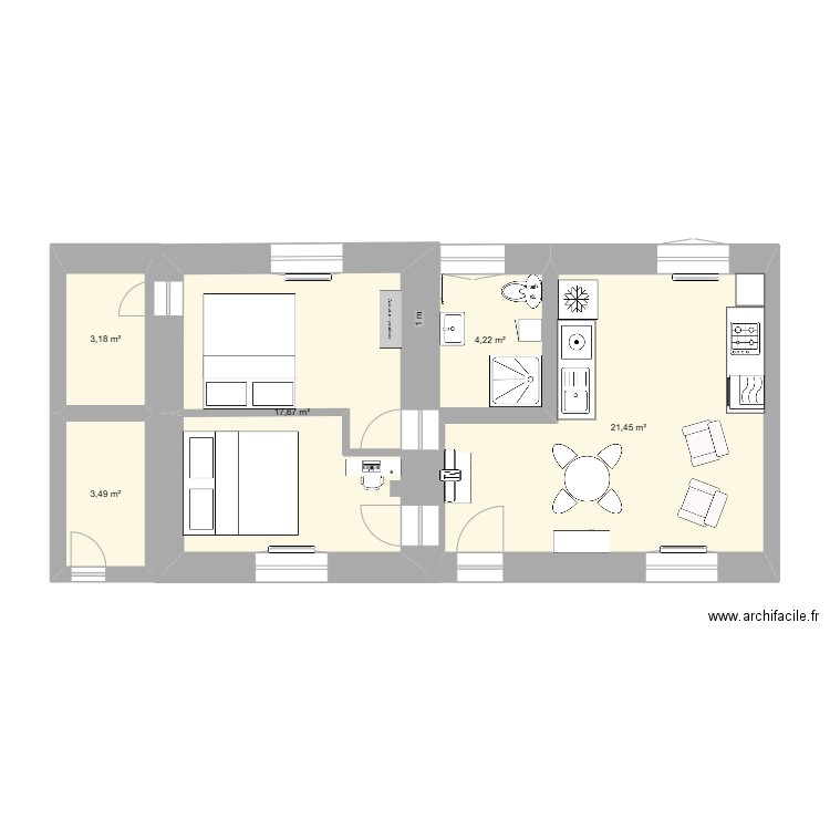 COLLEVILLE. Plan de 5 pièces et 50 m2