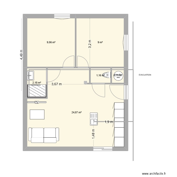 BRUGES EVACUATION. Plan de 6 pièces et 47 m2
