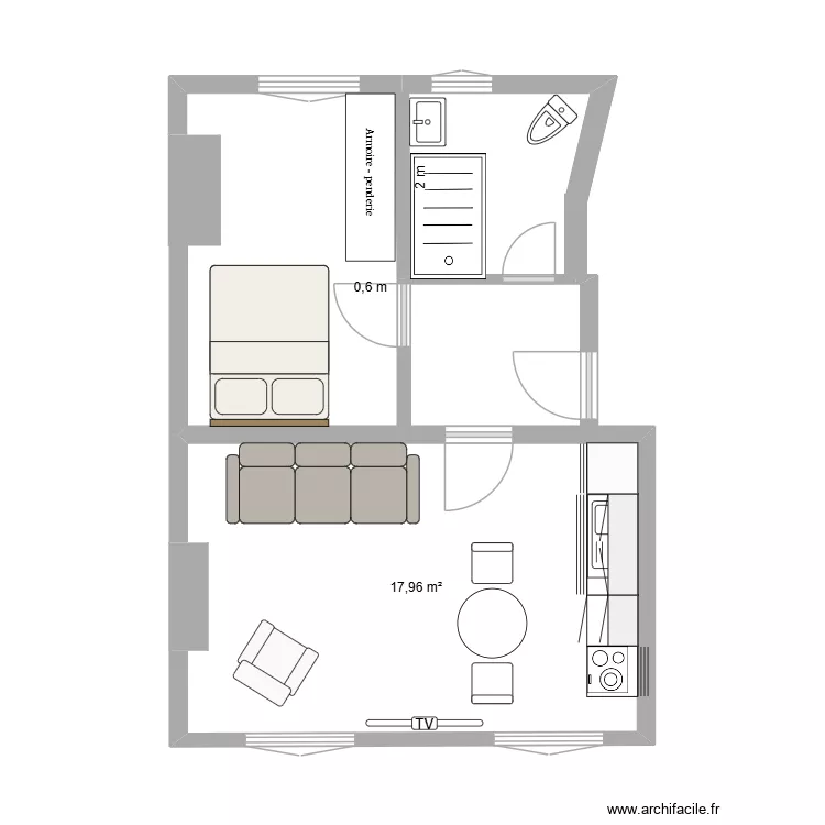 HUGO V1. Plan de 1 Pièce et 18 m²