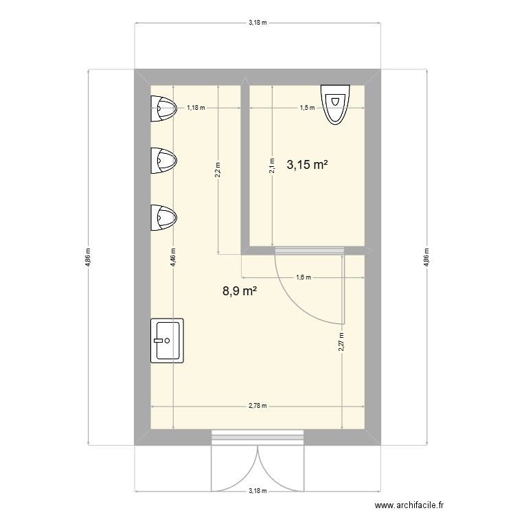 WC Peipin. Plan de 2 pièces et 12 m2