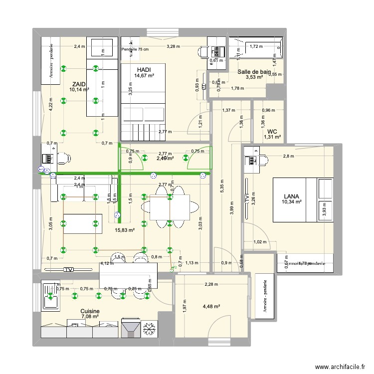 CHEZ LANA V1. Plan de 12 pièces et 72 m2