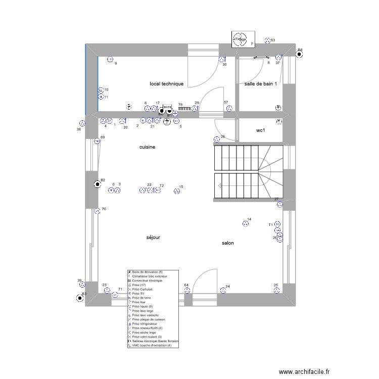 chalet zinc Rdc prise de courant. Plan de 4 pièces et 44 m2