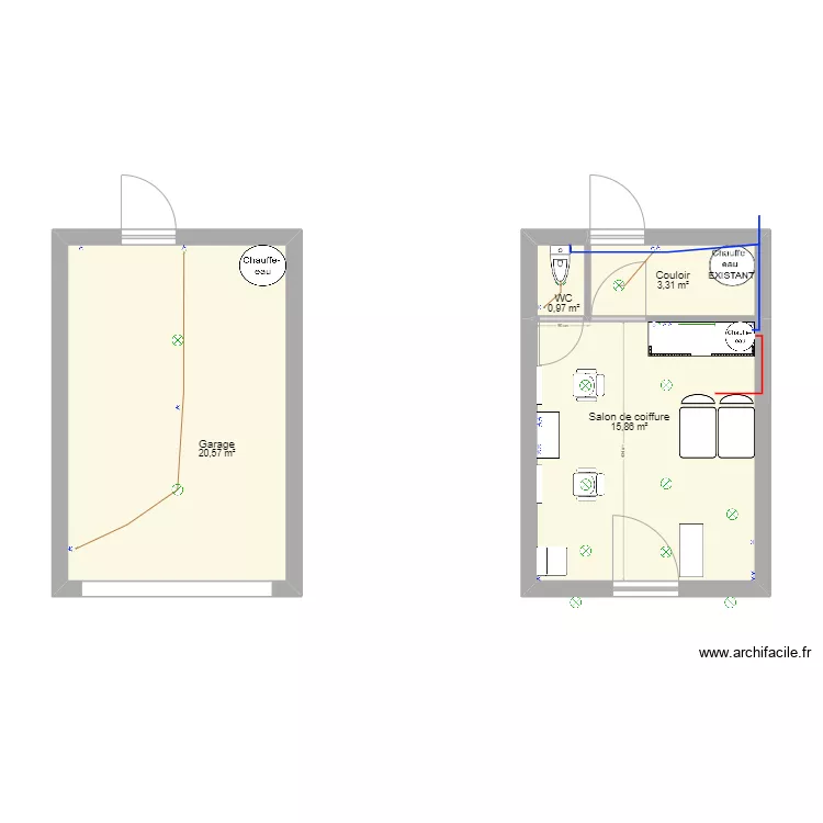 Salon coiffure seul - Existant. Plan de 