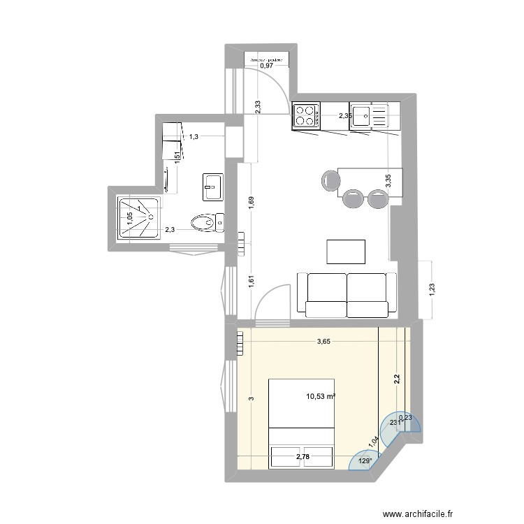 Paris 114. Plan de 1 pièce et 11 m2