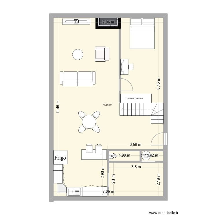 14 Remonval. Plan de 3 pièces et 80 m2