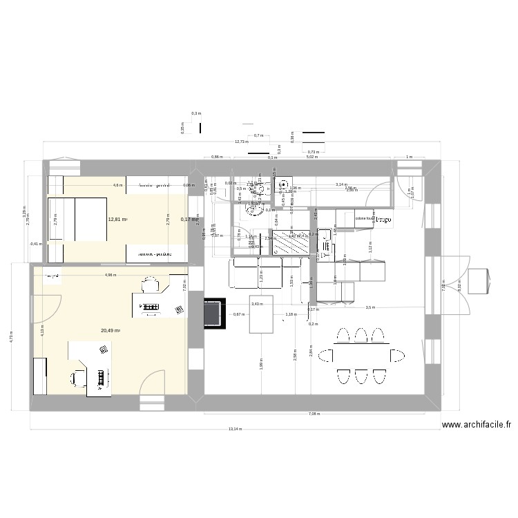 127. Plan de 3 pièces et 33 m2