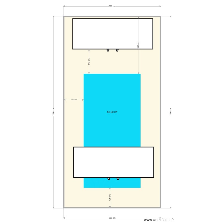 Piscine 02. Plan de 1 pièce et 69 m2
