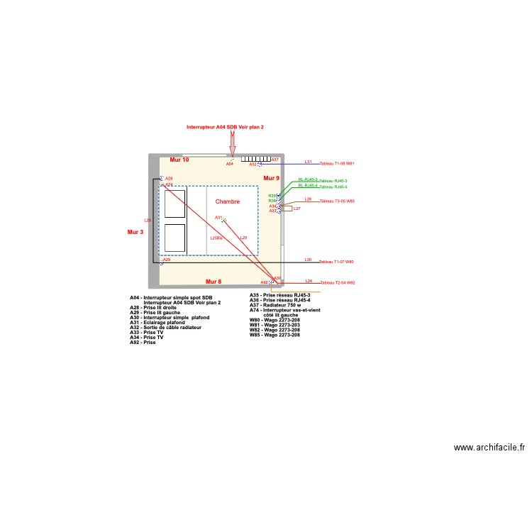 Appt Fred - Plan 4 - Electricité chambre - 2023-12-28-14h04. Plan de 1 pièce et 6 m2