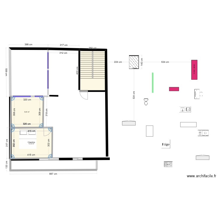 WIFAK NON TERMINE. Plan de 2 pièces et 22 m2