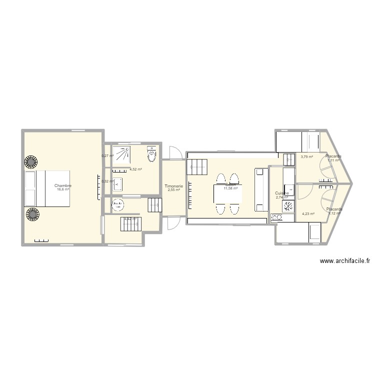 GiteBateau. Plan de 8 pièces et 53 m2