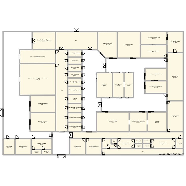 Cuisine Centrale V2. Plan de 50 pièces et 1712 m2