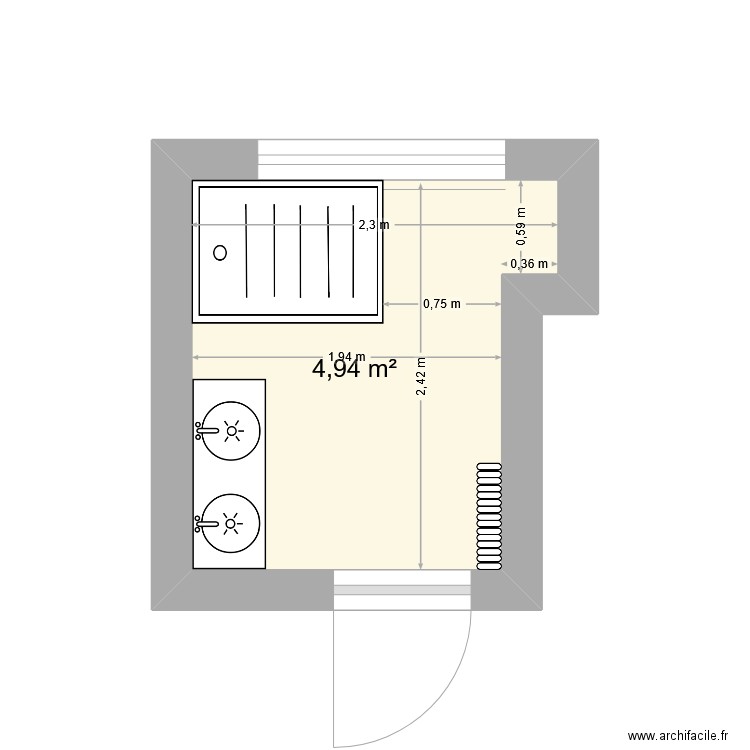 Douche Denise. Plan de 1 pièce et 5 m2