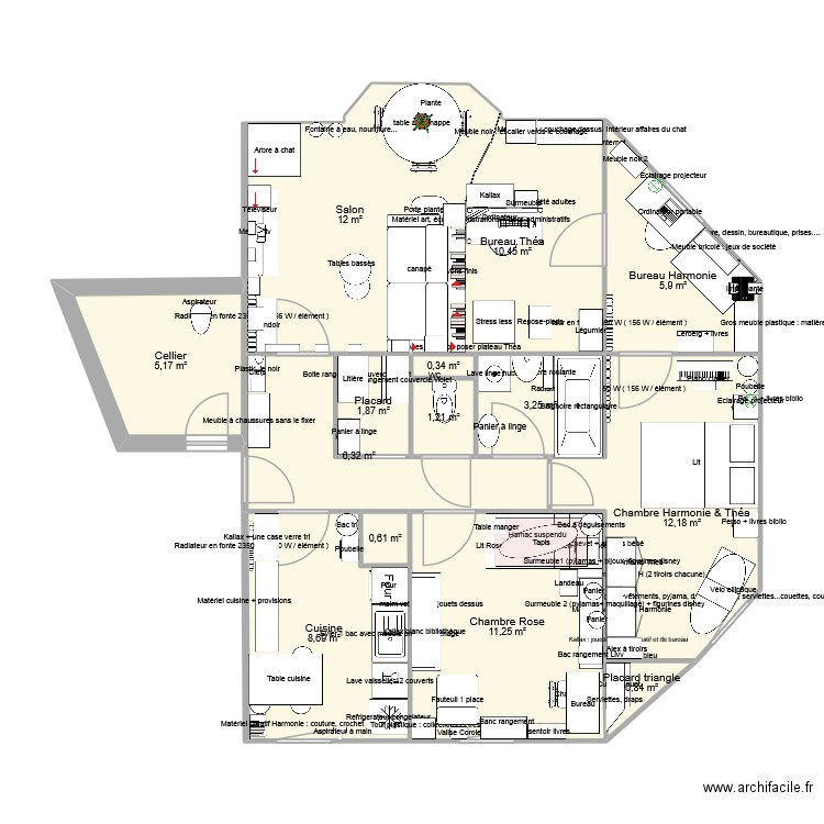 Mon appartement. Plan de 14 pièces et 80 m2