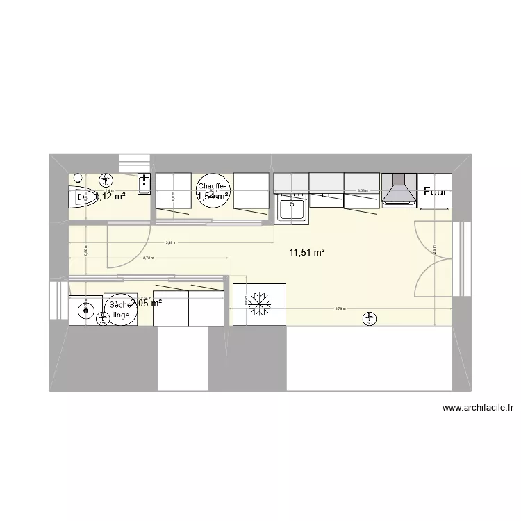 Cuisine buanderie cheneli&egrave;re. Plan de 4  et 16 m²
