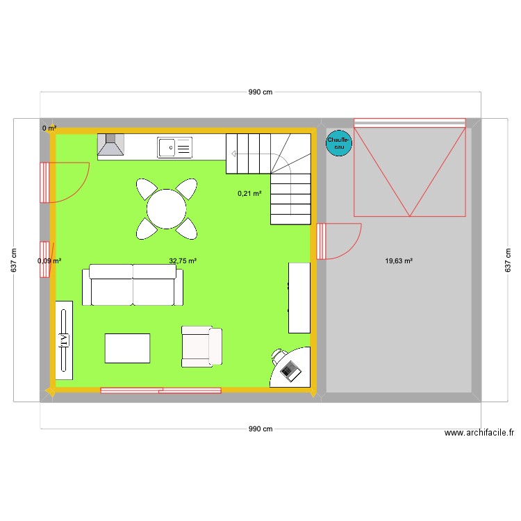 V11 rez chaussé. Plan de 5 pièces et 53 m2