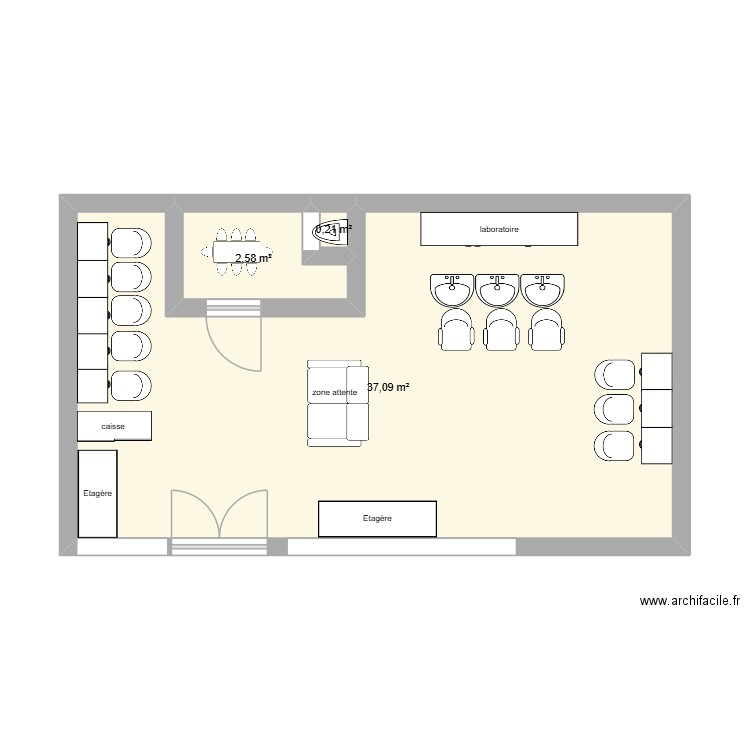 salon de coiffure cfa. Plan de 3 pièces et 40 m2