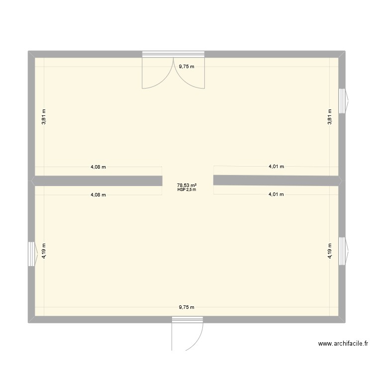 Mailleres plan initial v1 sans cloisons chambres. Plan de 1 pièce et 79 m2
