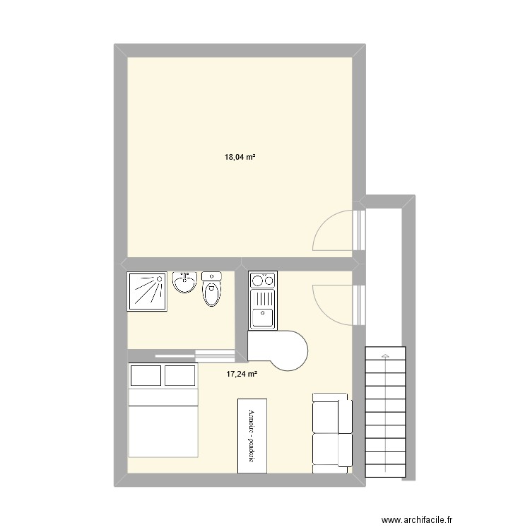etage. Plan de 2 pièces et 35 m2