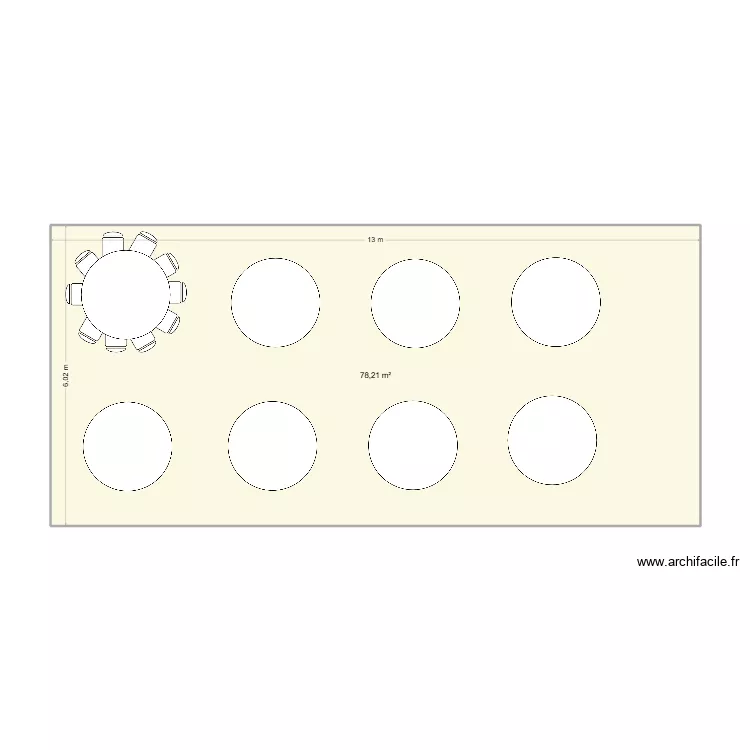tables rondes. Plan de 1  et 78 m²