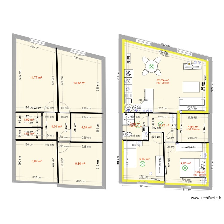 75k€. Plan de 86 pièces et 804 m2