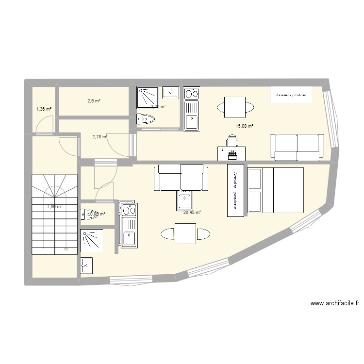 Studios Meurice 2. Plan de 8 pièces et 59 m2