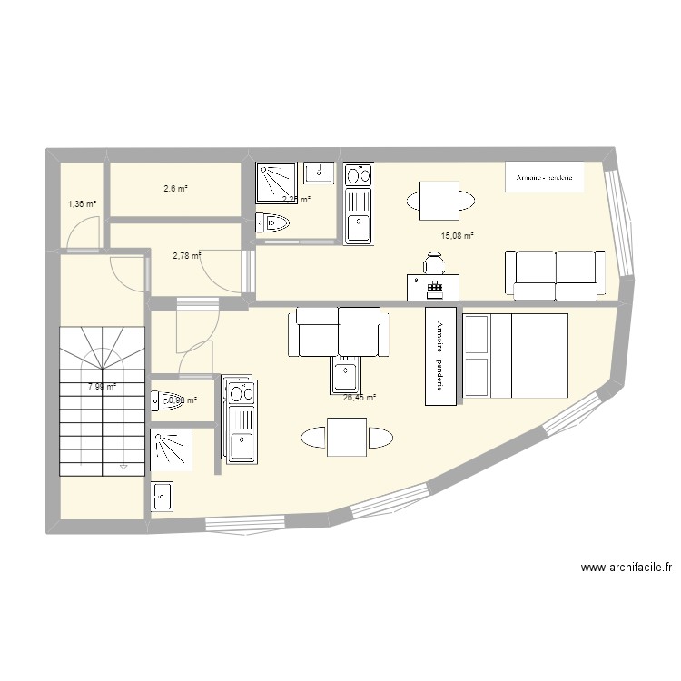 Studios Meurice 2. Plan de 8 pièces et 59 m2