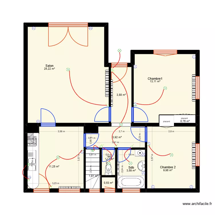 Plan Marc existant am&eacute;nag&eacute;. Plan de 13  et 76 m²