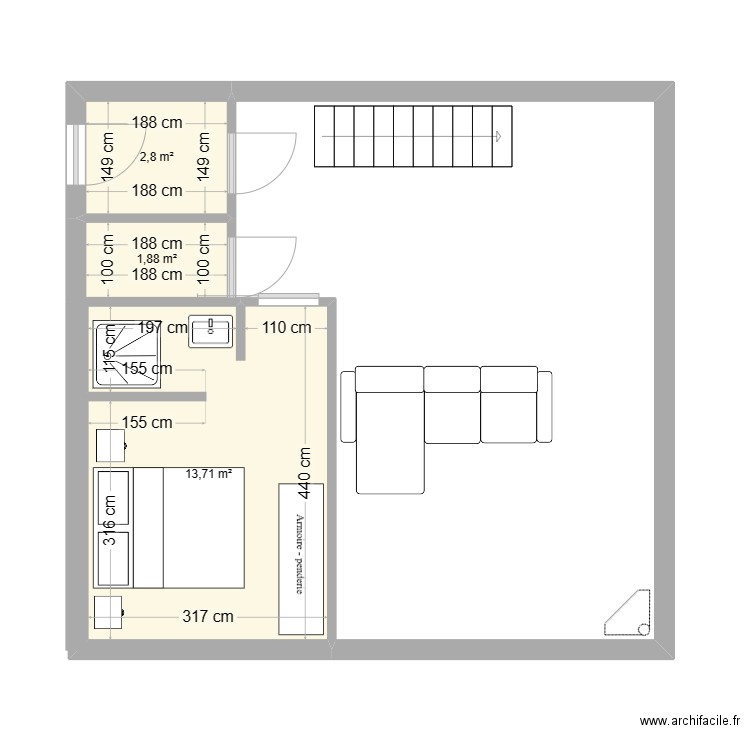 Plan Niveau 0 - 60m² sans garage V2. Plan de 3 pièces et 18 m2