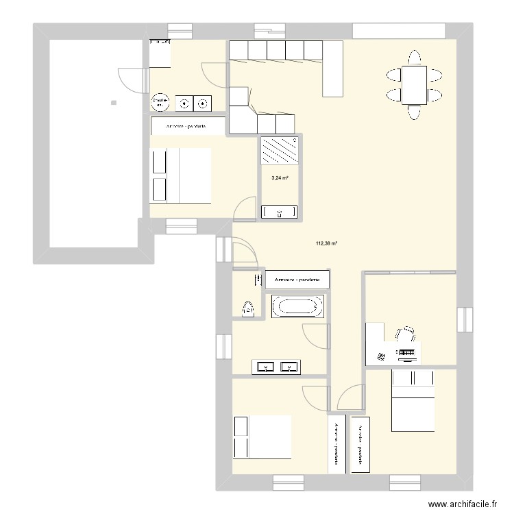plein pied. Plan de 2 pièces et 116 m2