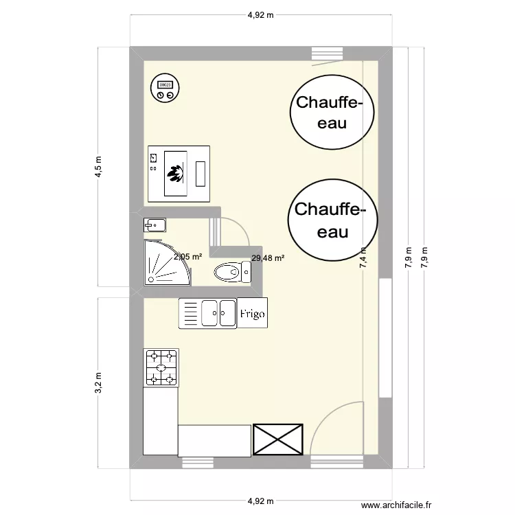 SDB & cuisine communes 2. Plan de 2  et 32 m²