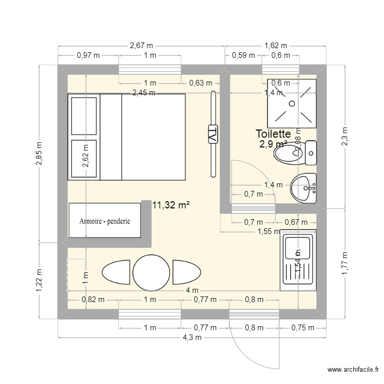 Plan d'un studio témoin 2. Plan de 2 pièces et 14 m2