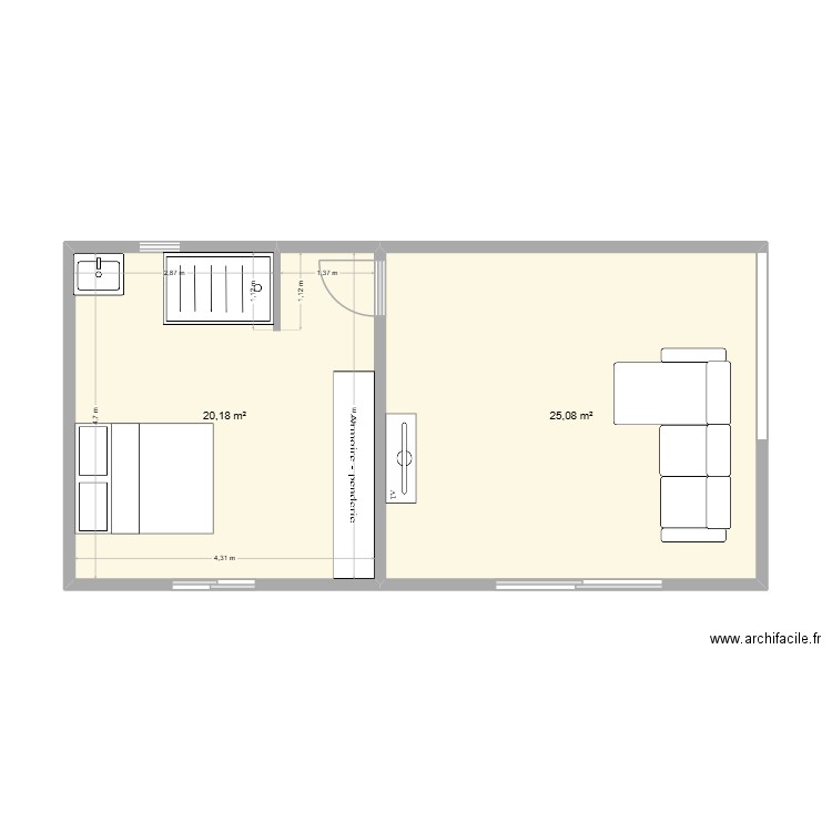 agrandissement. Plan de 2 pièces et 45 m2