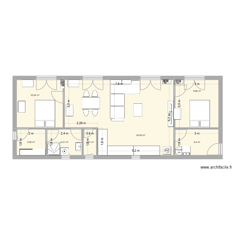 2 ch long rect. Plan de 7 pièces et 70 m2