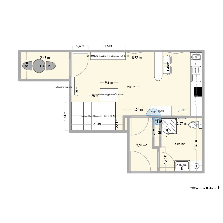 gal gaulle. Plan de 4 pièces et 36 m2