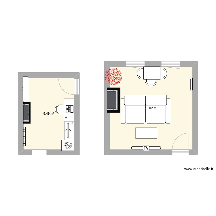 plan 2. Plan de 2 pièces et 25 m2