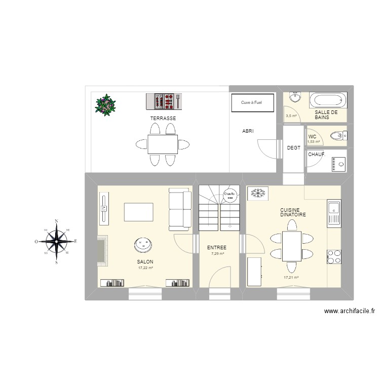 REZ DE CHAUSSEE 2. Plan de 5 pièces et 47 m2