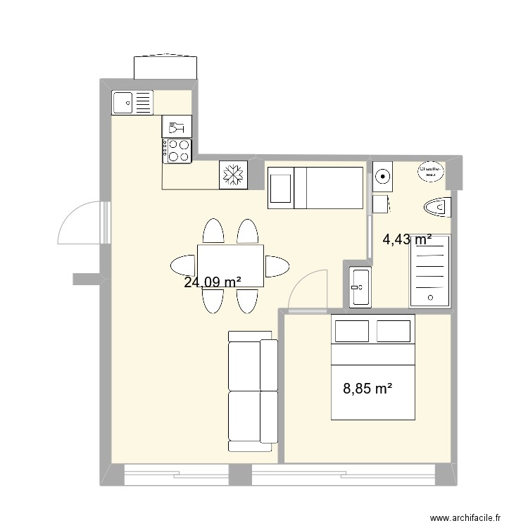 Studio. Plan de 3 pièces et 37 m2