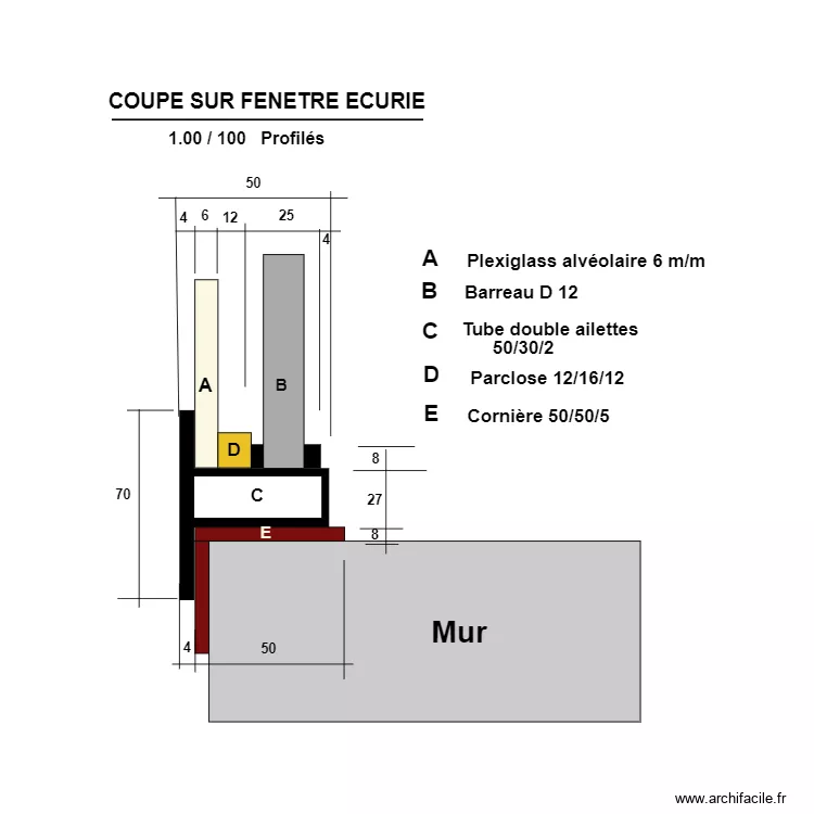 Coupe fenetre ecurie*. Plan de 