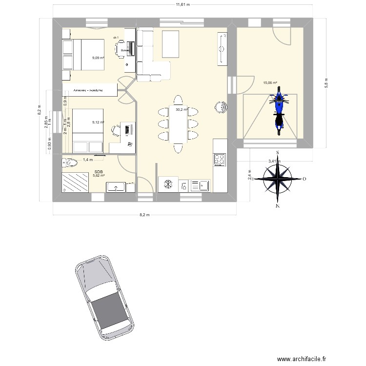 plan maison1 meublé. Plan de 5 pièces et 69 m2