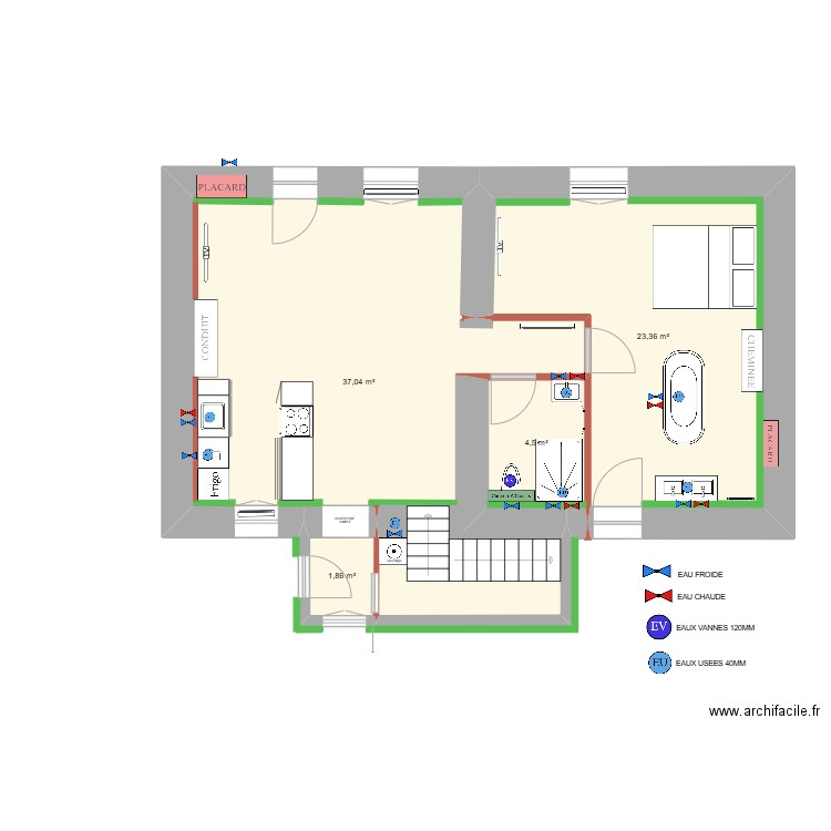 PLOMBERIE MAISON CHEILLY. Plan de 4 pièces et 67 m2