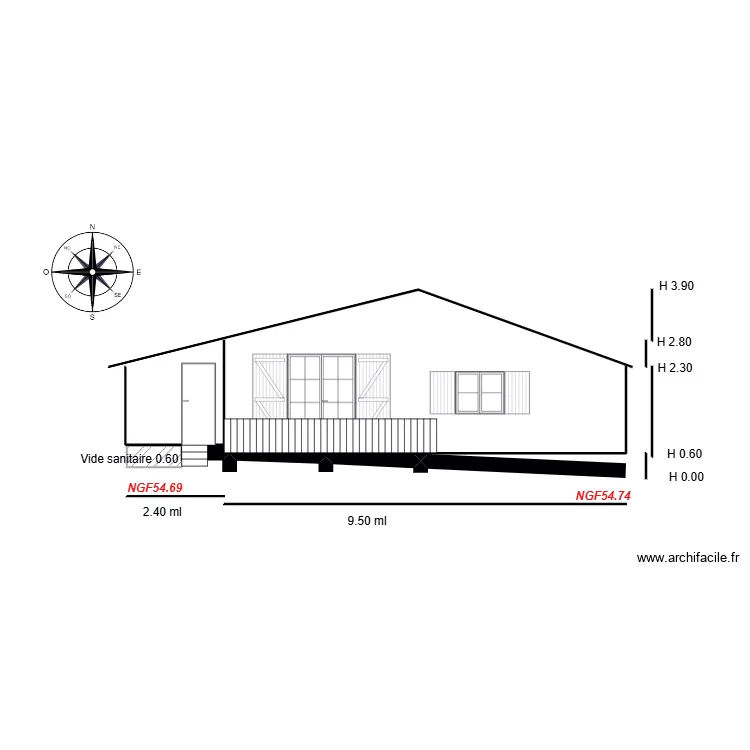 Facade SUD                                    chalet 93. Plan de 1  et 0 m²