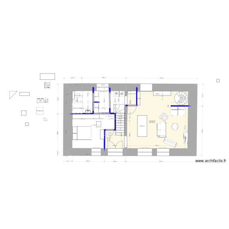 Réaménagement rdc 19012025. Plan de 1 pièce et 44 m2
