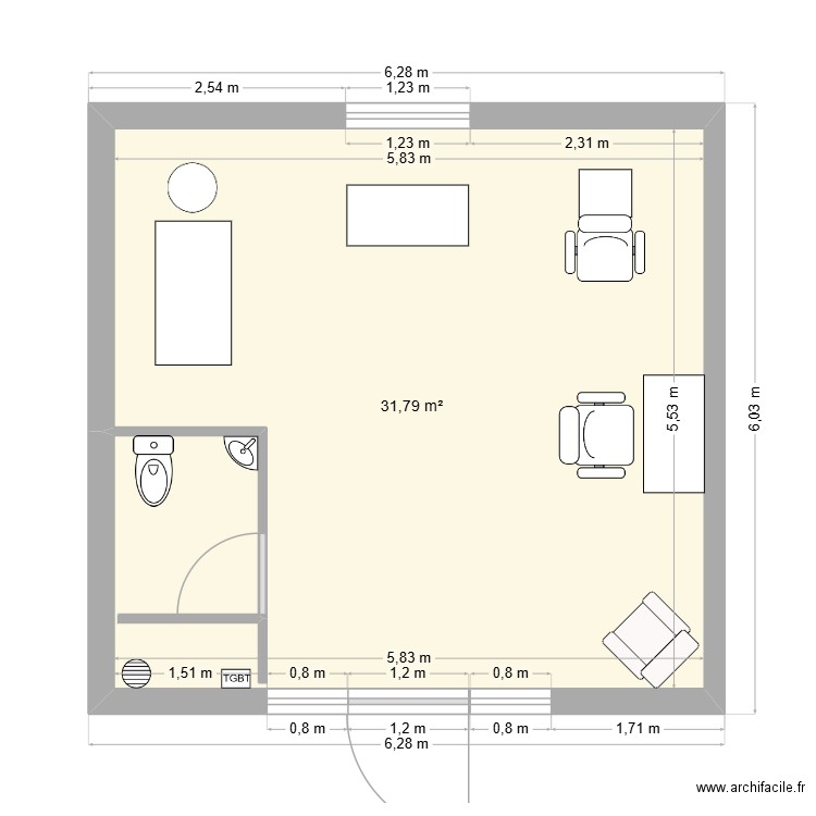 salon aurore bois. Plan de 1 pièce et 32 m2
